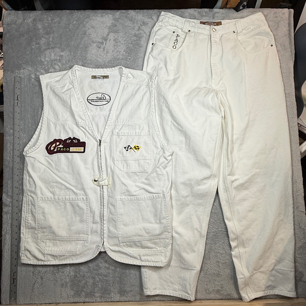 Vintage Paco Jeans Denim Vest Pants Set Mens XL 36 White Hip Hop Baggy Y2K
